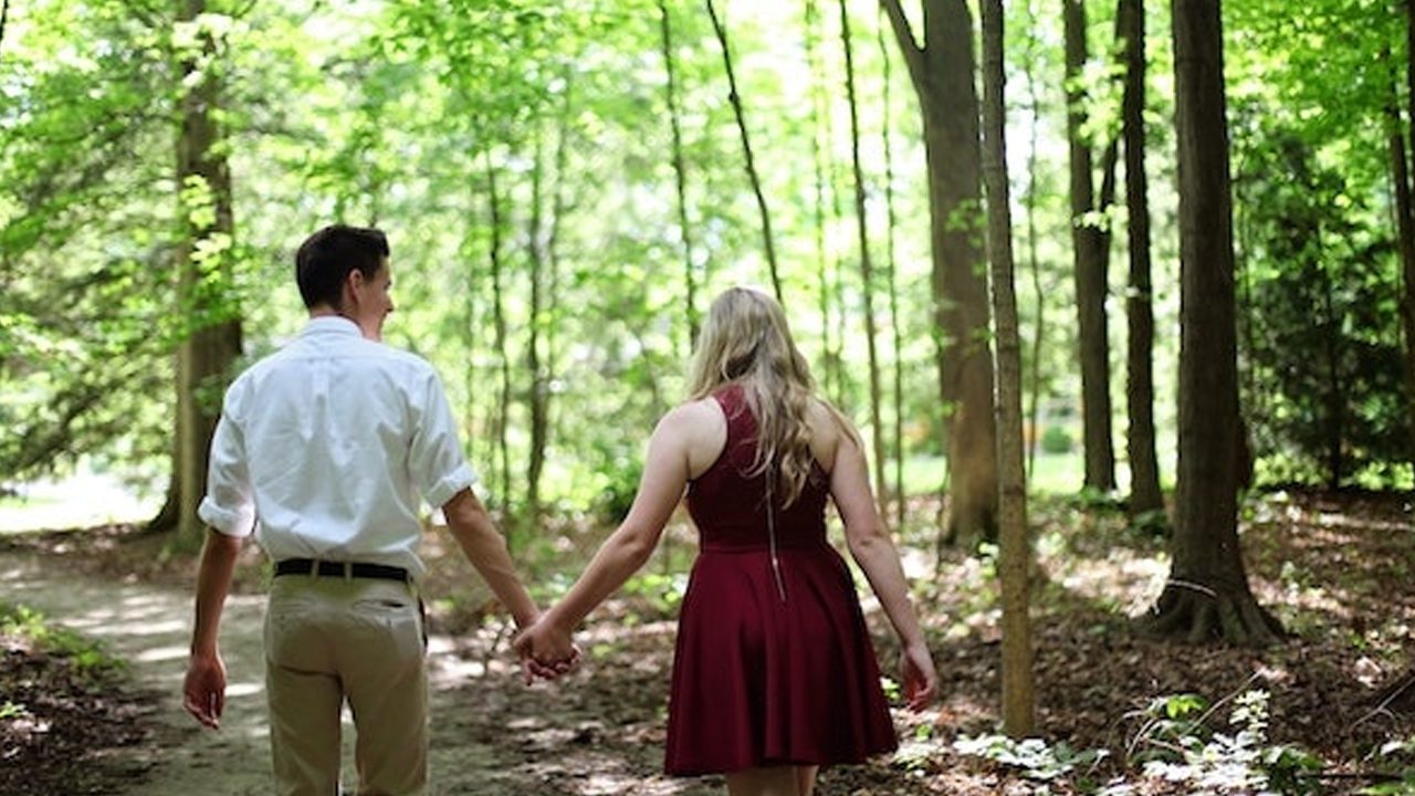 Couple walking holding holds hiking in the woods